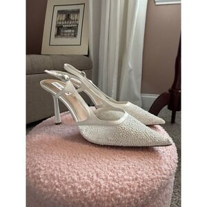 Steve Madden White Beaded Slingback Heels Size 11 Pointed Toe Wedding Shoes